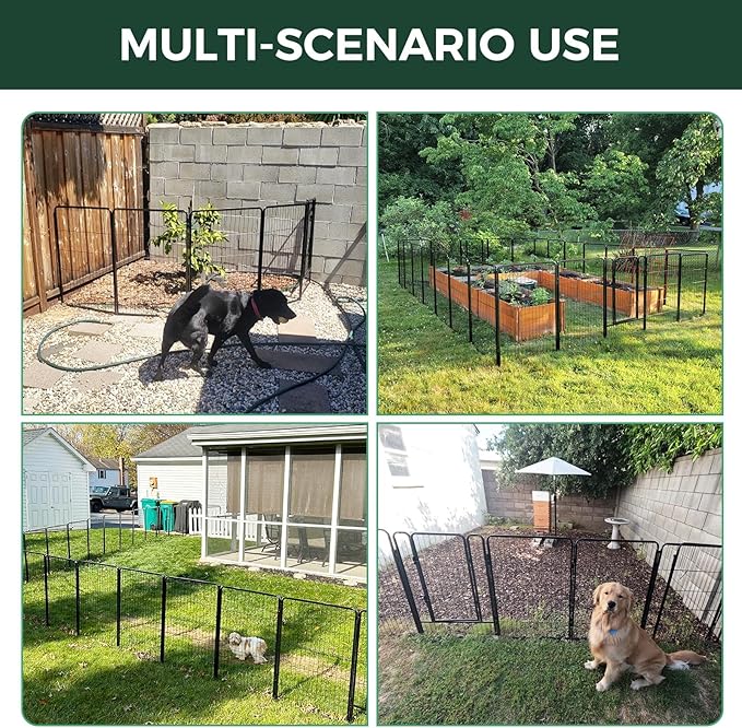 FXW Garden Fence Outdoor for The Yard – 32in(H) x 18.2ft(L) Heavy Duty Metal Animal Barrier for Dog and Rabbit, Decorative Dog Fence with Fence-to-Wall Anchor (Pack of 4), 8 Panels, Black