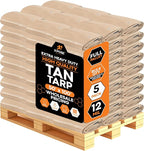Heavy Duty Tan Poly Tarp 50' X 100' - Bulk Full Pallet (5 Pack) - Multipurpose Protective Cover - Durable, Weather Proof & Tear Resistant - 12 Mil Thick Polyethylene - by Xpose Safety