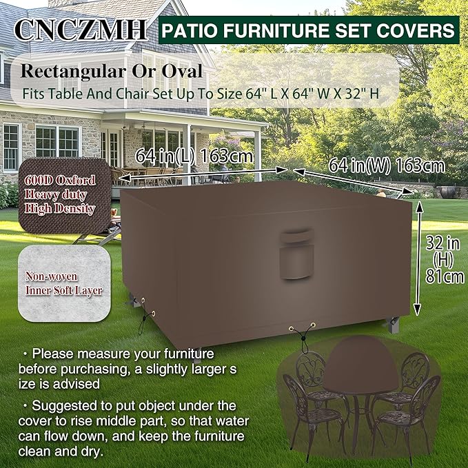 Square Heavy Duty Patio Table Covers Waterproof, 600D Outdoor Dining Table and Chair Set Covers, Outdoor Furniture Cover Waterproof for Sectional Sofa Couch 64''L x 64''W x 32''H, Brown