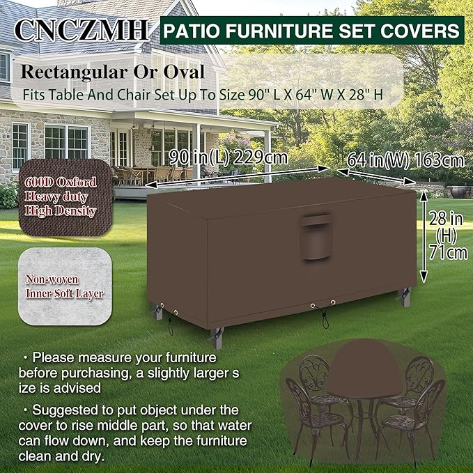 Heavy Duty Patio Furniture Covers Waterproof, 600D Outdoor Furniture Cover Waterproof for Sectional Sofa Couch, Outdoor Dining Table and Chair Set Covers 90''L x 64''W x 28''H, Brown