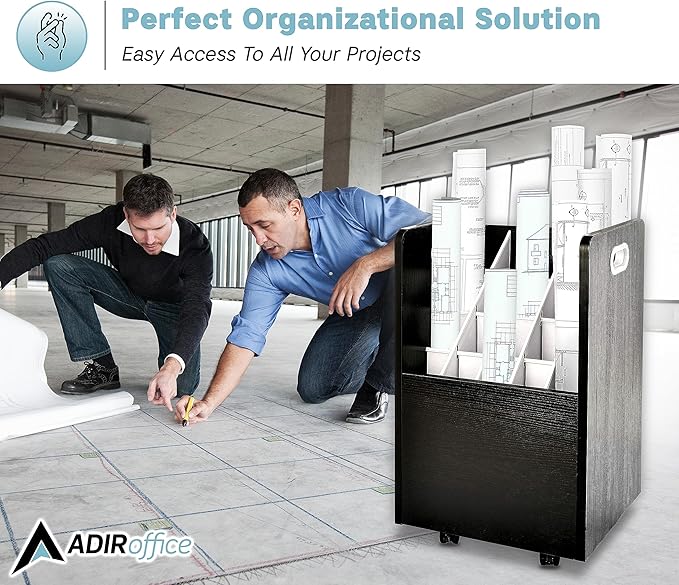 AdirOffice Adir Blue Print Storage Organizer - Mobile Roll File Cart, Construction Plan Holders, Blueprint Cabinet with Wheels, Roll Files Storage for Office and Home (20 Slots, Black)