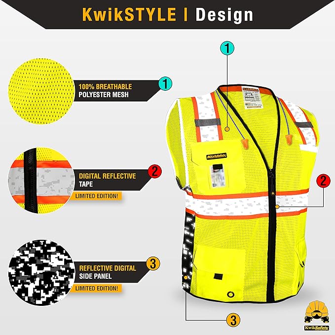 KwikSafety - BIG KAHUNA DIGITAL Safety Vest [LIMITED EDITION] Class 2 ANSI OSHA Reflective Vest Durable High Visibility Vest Construction Safety Vest for Men Industrial Work Gear/Yellow 3XL