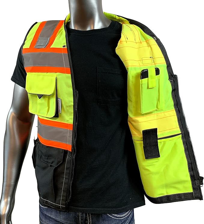 C Vest for Mens Safety Vest With Zipper and Utility Pockets Premium Black Series Surveyors Vest (Large, Yellow/Black)