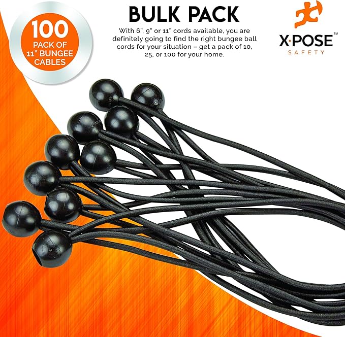 Xpose Safety Bungee Ball Cords 11" 100 Pack Heavy Duty Black Stretch Rope with Ball Ties for Canopies, Tarps, Walls, Cable Organization