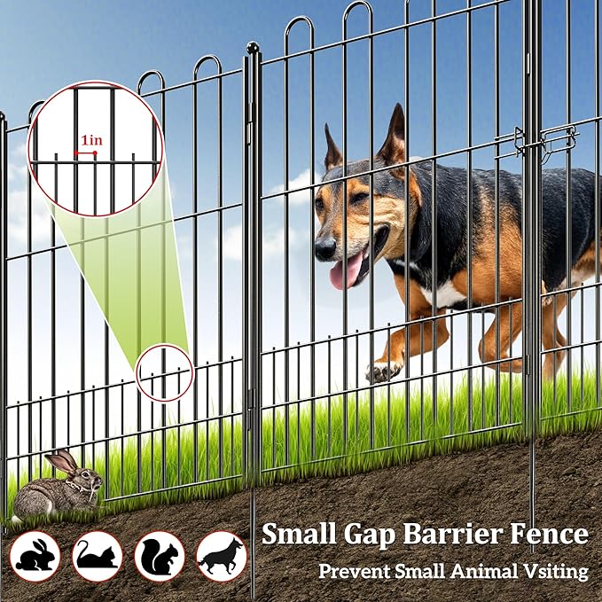 Bepatio Decorative Garden Fence Animal Barrier with Gate, 24in (H) x 20ft (L) 10 Panels Decorative Dog Fence Outdoor for Yard, Heavy Duty Rustproof Metal Fence Border, Flower Bed, Easy Setup, Black