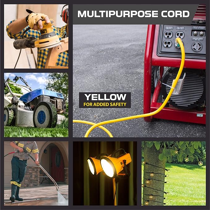 Iron Forge Cable 100ft Outdoor Extension Cord, Lighted with 3 Electrical Power Outlets - 12/3 Gauge SJTW Heavy Duty Extension Cable, Yellow, 15 AMP - 3 Pronged with Grounded Plug for Improved Safety