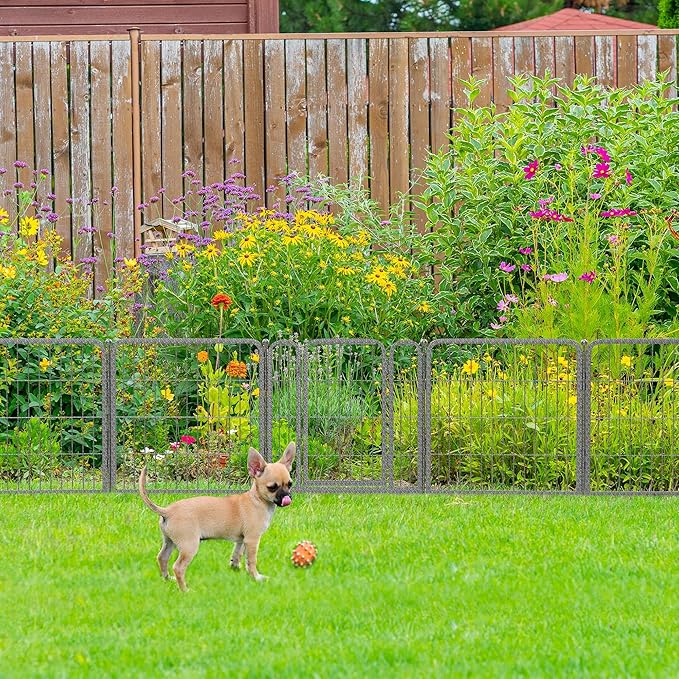 FXW Garden Fence Outdoor for The Yard – 24in(H) x 60.9ft(L) Heavy Duty Metal Animal Barrier for Dog and Rabbit, Decorative Dog Fence, 32 Panels, Silver