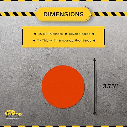 Mighty Line 3.75" Solid Dot Shaped Floor Marking Tape for Safety, Caution, Warning, Heavy-Duty, Peel and Stick, Adhesive Circle Spots, Industrial Quality, Orange, Pack of 100