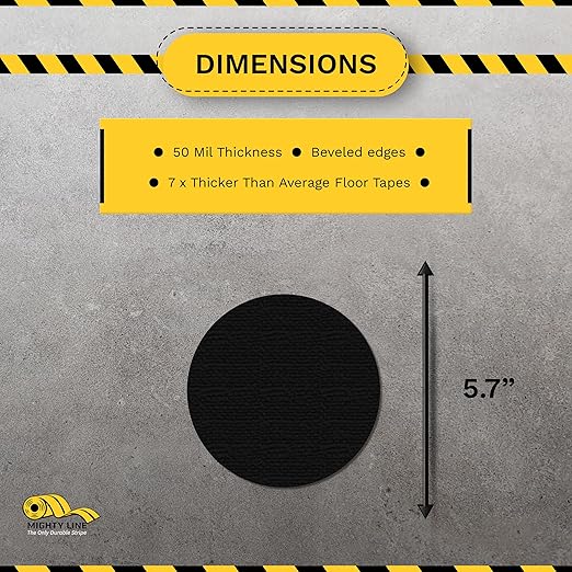 Mighty Line 5.7" Solid Dot Shaped Floor Marking Tape for Safety, Caution, Warning, Heavy-Duty, Peel and Stick, Adhesive Circle Spots, Industrial Quality, Black, Pack of 100