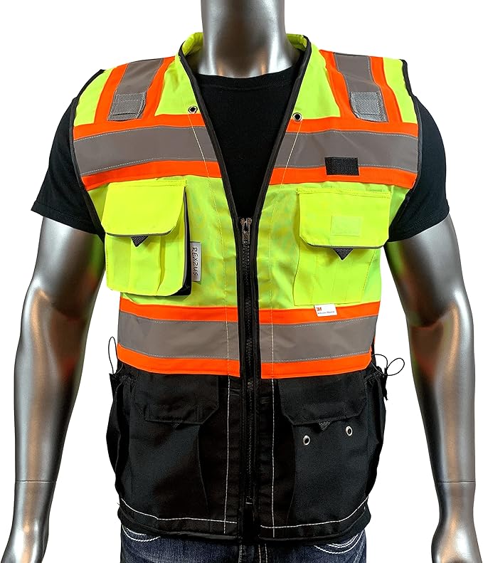 C Vest for Mens Safety Vest With Zipper and Utility Pockets Premium Black Series Surveyors Vest (Large, Yellow/Black)