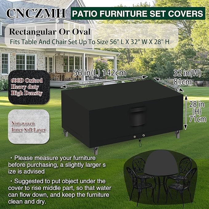 Heavy Duty Patio Furniture Covers Waterproof, 600D Outdoor Furniture Cover Waterproof for Sectional Sofa Couch, Outdoor Dining Table and Chair Set Covers 56''L x 32''W x 28''H, Black