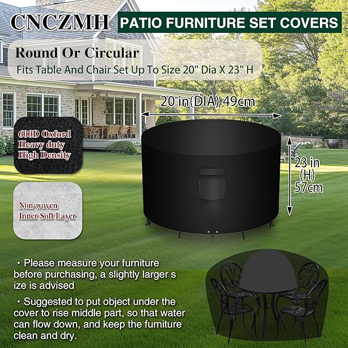 Heavy Duty Patio Furniture Covers Waterproof, 600D Round Outdoor Furniture Cover Waterproof for Sectional Sofa Couch, Outdoor Dining Table and Chair Set Covers 20"DIA x 23"H, Black