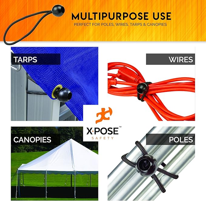 Xpose Safety Bungee Ball Cords 11" 25 Pack Heavy Duty Black Stretch Rope with Ball Ties for Canopies, Tarps, Walls, Cable Organization