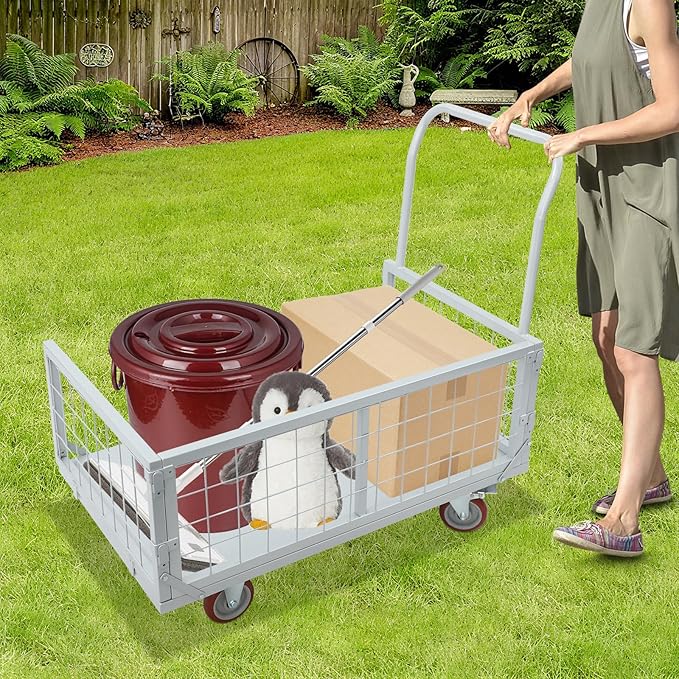 Platform Truck Cart with Cage, 4 in 1 Mutipurpose Handcart with Wheels, 2200lbs Capacity Heavy Duty Push Cart Dolly Foldable Flatbed Cart for Workshops Warehouses Supermarkets