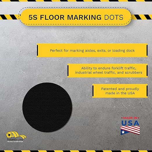Mighty Line 5.7" Solid Dot Shaped Floor Marking Tape for Safety, Caution, Warning, Heavy-Duty, Peel and Stick, Adhesive Circle Spots, Industrial Quality, Black, Pack of 100