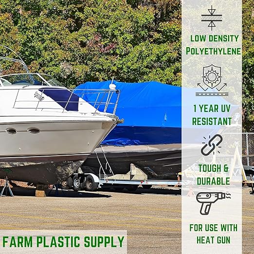 Farm Plastic Supply Polyethylene Plastic Shrink Wrap - 7 mil – Boat Shrink Film for Heat Gun, Industrial Shrink Wrap, Plastic Sheeting for Storage & Protection (Blue, 17' x 75')