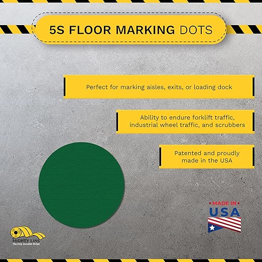 Mighty Line 3/4" Solid Dot Shaped Floor Marking Tape for Safety, Caution, Warning, Heavy-Duty, Peel and Stick, Adhesive Circle Spots, Industrial Quality, Green, Pack of 200