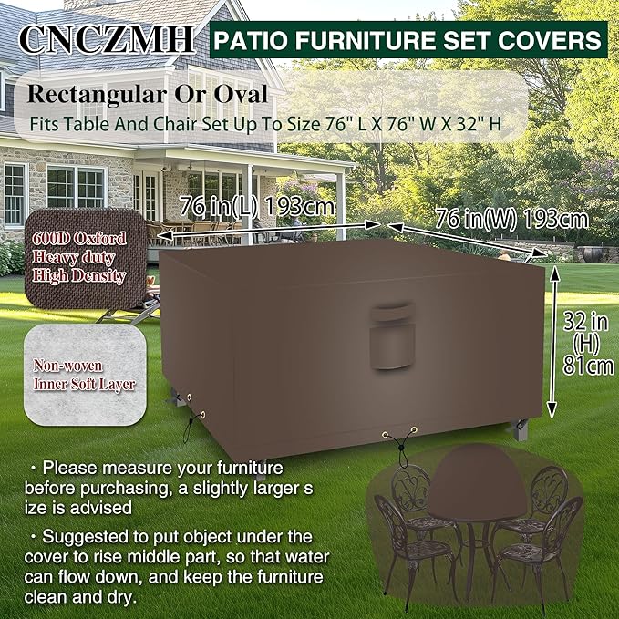 Square Heavy Duty Patio Table Covers Waterproof, 600D Outdoor Dining Table and Chair Set Covers, Outdoor Furniture Cover Waterproof for Sectional Sofa Couch 76''L x 76''W x 32''H, Brown