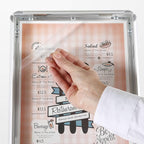 M&T Displays Curved Menu Board, 8.5x11 Inch Pedestal Sign Holder with 8.5x11 Inch Brochure Holder Silver Floor Standing Aluminum Front Loading Easy Open Poster Message Advertisement Post