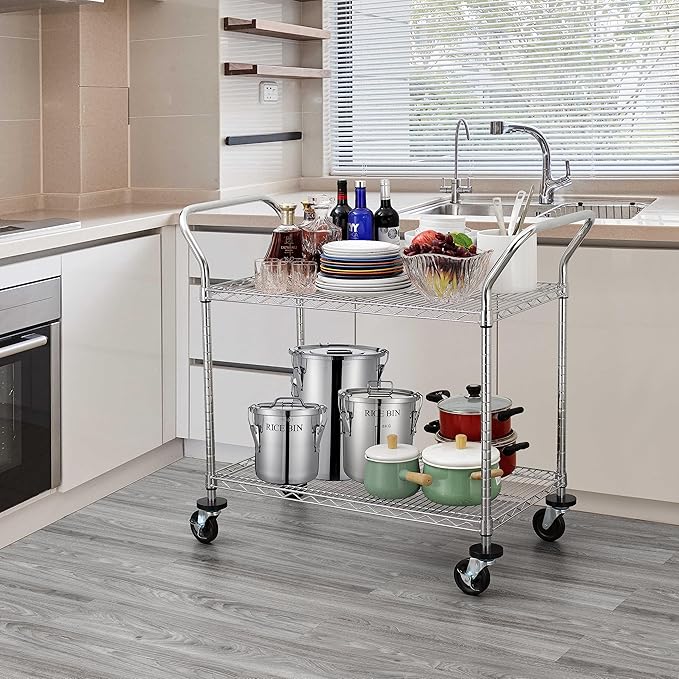 Finnhomy 2-Tier Commercial Grade Rolling Cart, Heavy Duty Utility Cart, Carts with Wheels and Handles, Kitchen Cart on Wheels, Metal Serving Cart with 500 lbs Capacity, Shelf Size 20" D x 36" W, NSF