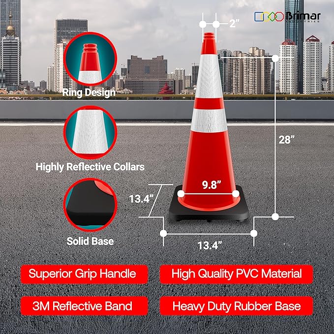 Brimar 28 Inch Traffic Cones, 6 Pack, Orange PVC Safety Cones with Black Base for Construction, Road Parking, MUTCD Approved Traffic Cones with 3M Reflective Bands, Structurally Stable Wearproof