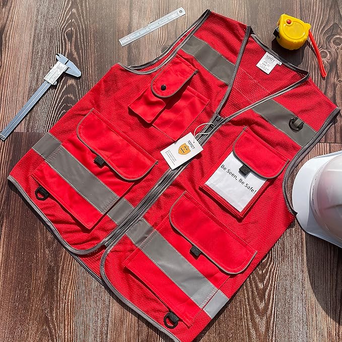 TCCFCCT Mesh Reflective Safety Vest 9 Pockets High Visibility Vest for Men Women, Hi Vis Reflective Work Vest for Safety, Meets ANSI/ISEA Standards, (Red, XX-Large)